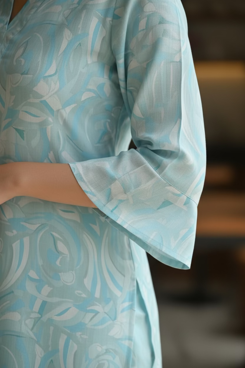 Silk Linen Kurta- Baby Blue Printed