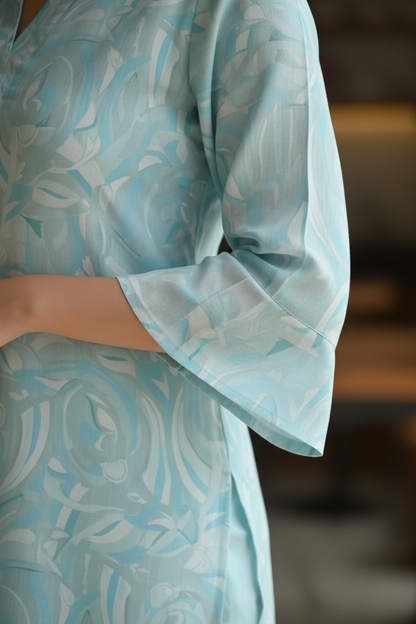 Silk Linen Kurta- Baby Blue Printed