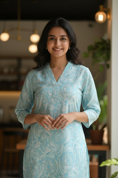 Silk Linen Kurta- Baby Blue Printed