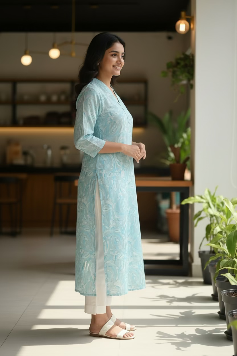 Silk Linen Kurta- Baby Blue Printed