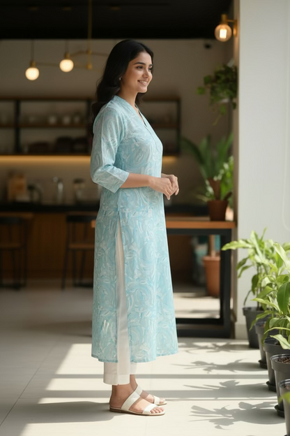 Silk Linen Kurta- Baby Blue Printed