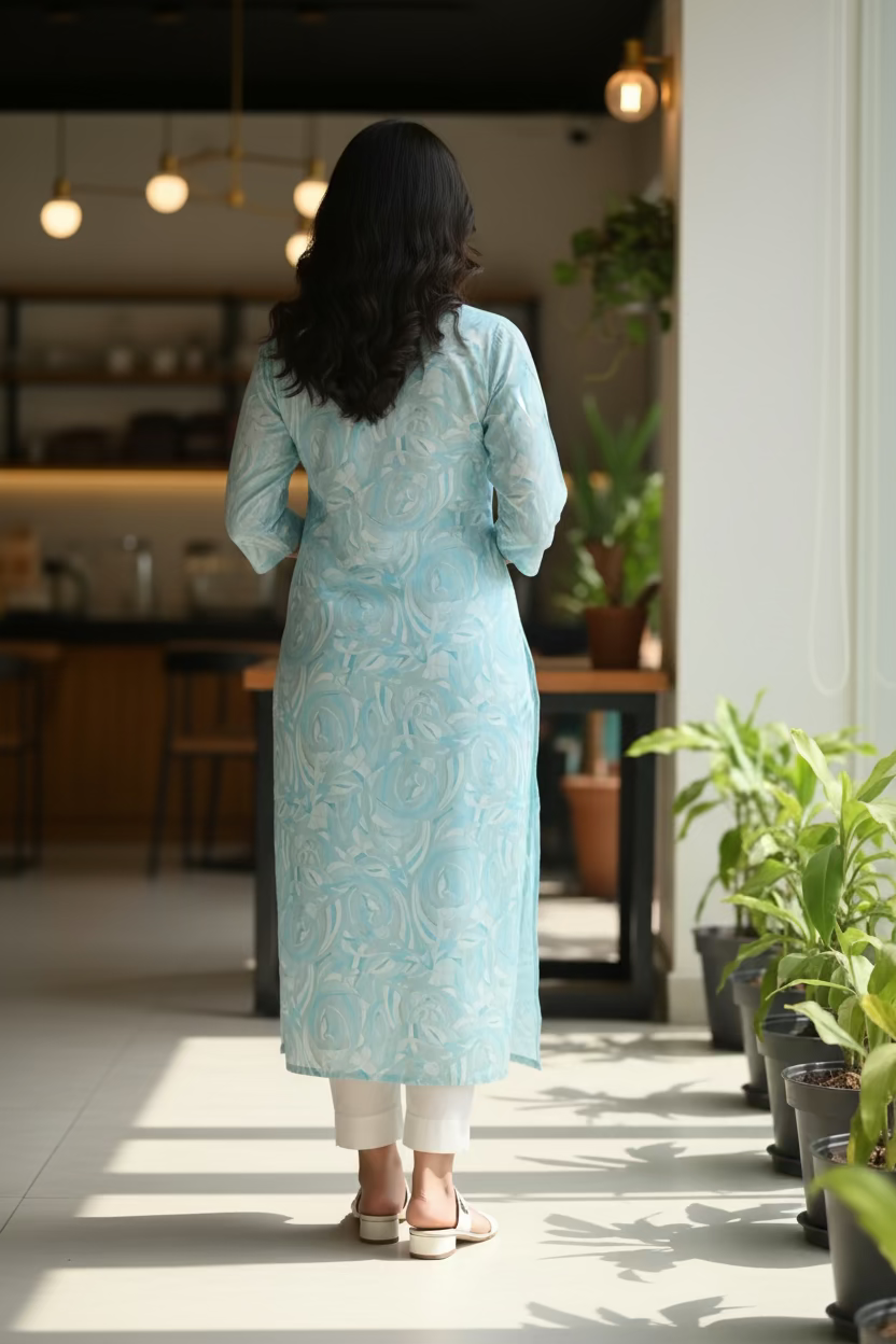 Silk Linen Kurta- Baby Blue Printed