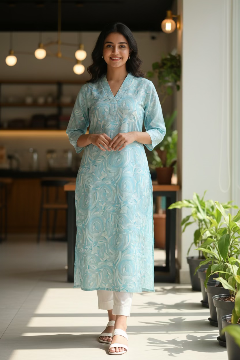 Silk Linen Kurta- Baby Blue Printed