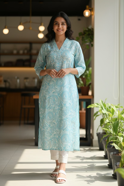 Silk Linen Kurta- Baby Blue Printed