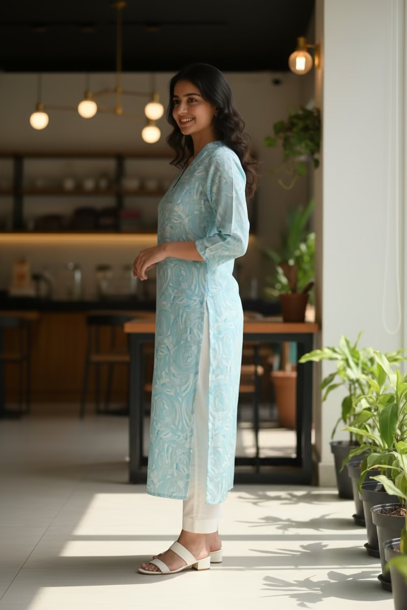 Silk Linen Kurta- Baby Blue Printed