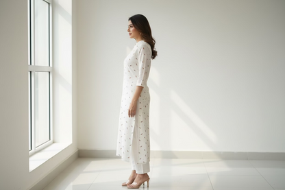 Printed Silk Linen Blend Kurta- Beige