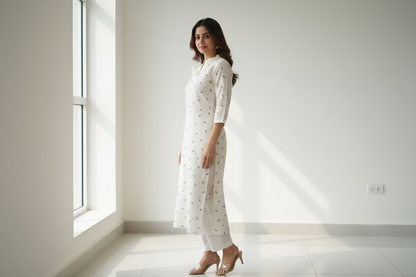 Printed Silk Linen Blend Kurta- Beige