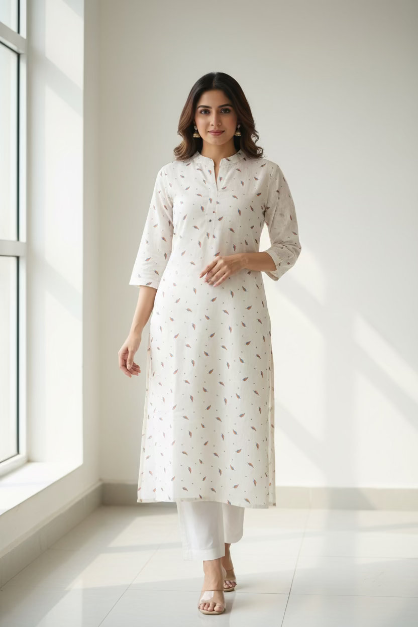 Printed Silk Linen Blend Kurta- Beige