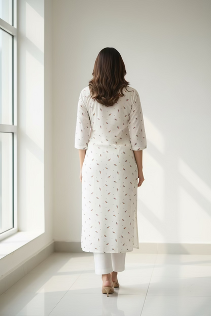 Printed Silk Linen Blend Kurta- Beige