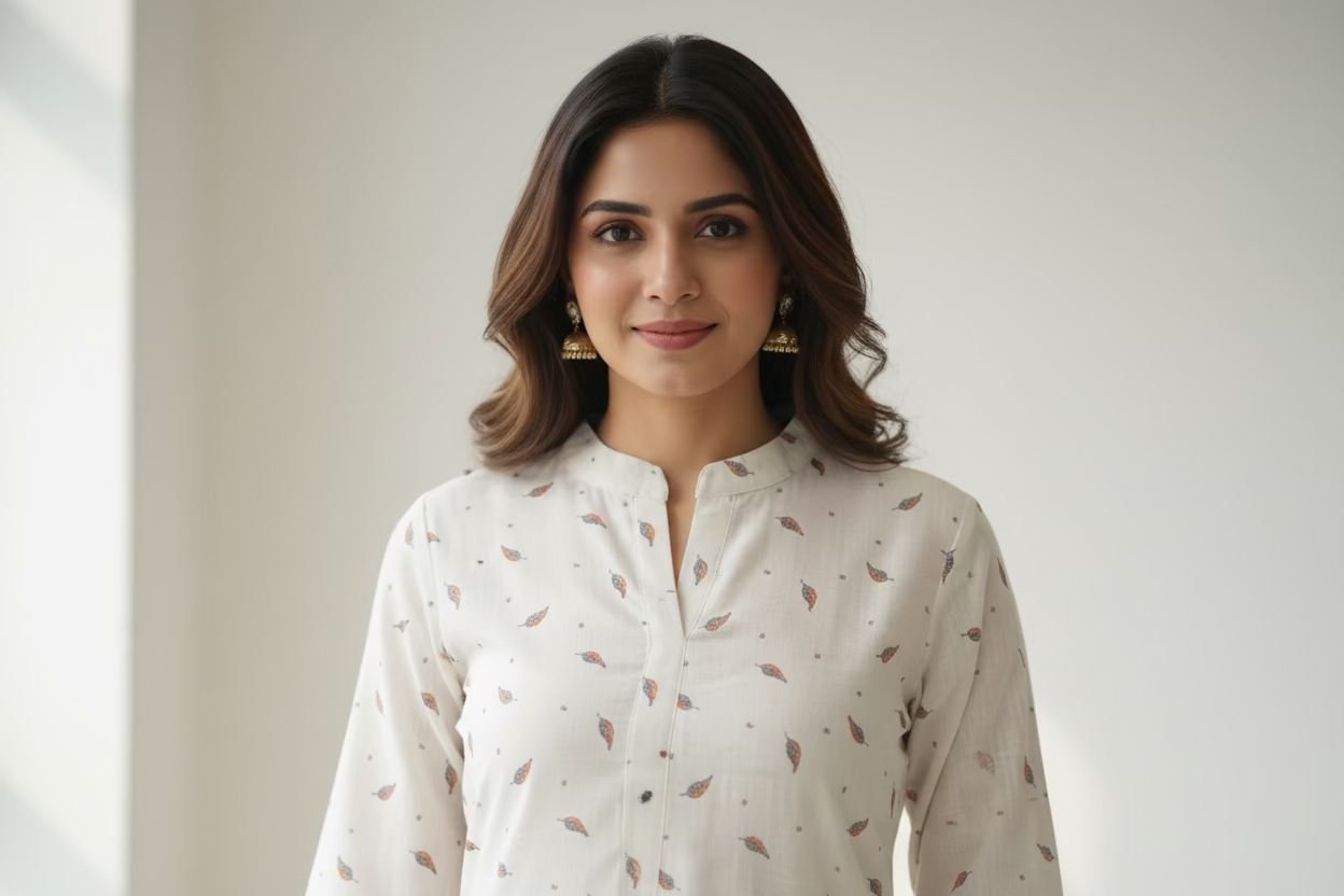 Printed Silk Linen Blend Kurta- Beige