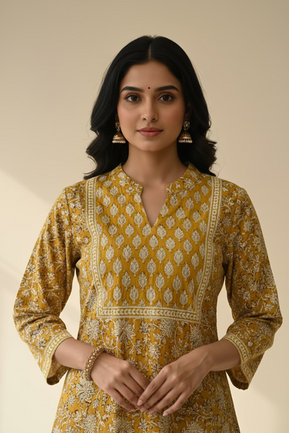 Hand block printed  Cotton kurta- Mustard Floral