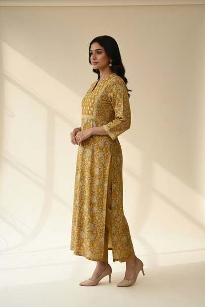Hand block printed  Cotton kurta- Mustard Floral