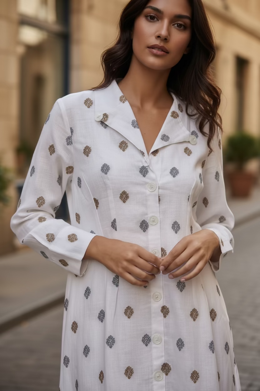 Silk Linen Blend dress- White Floral