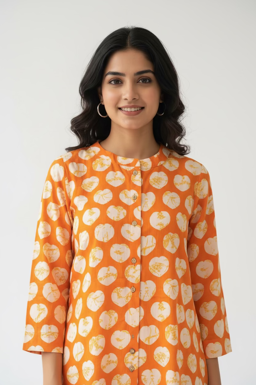 Printed Cotton Short Kurti- Orange Floral