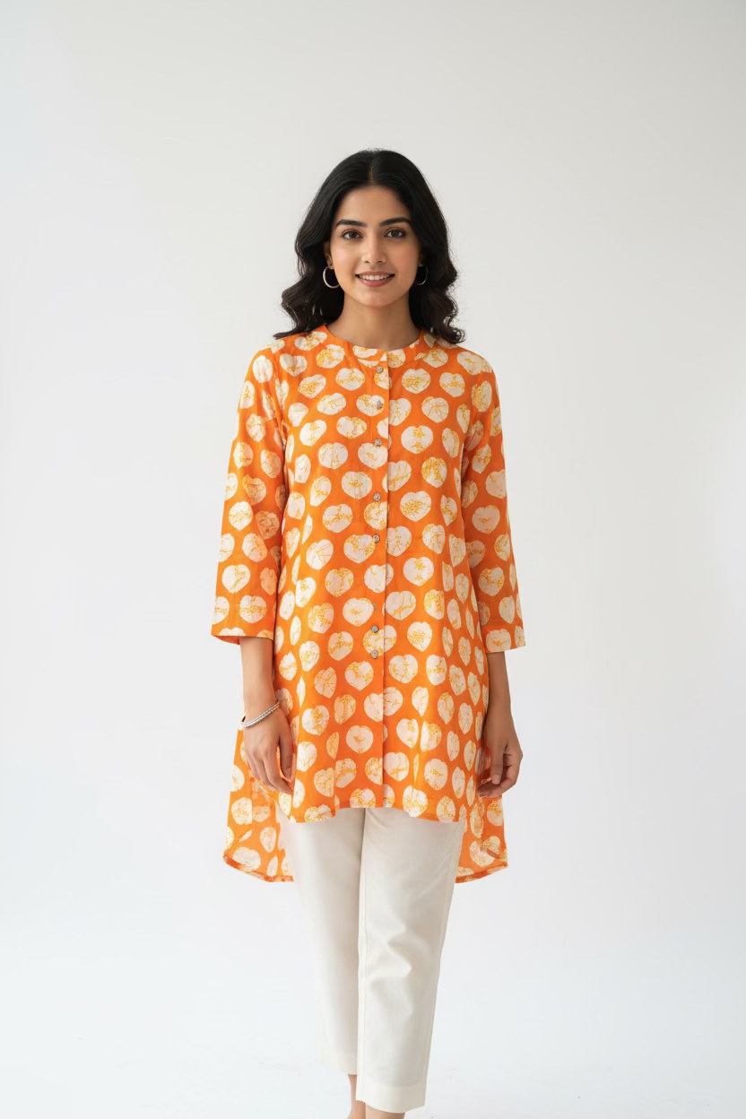 Printed Cotton Short Kurti- Orange Floral
