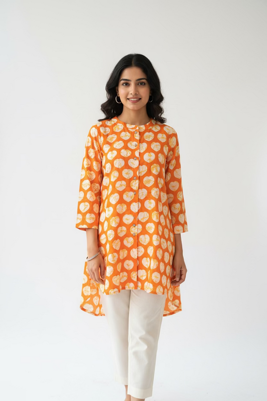 Printed Cotton Short Kurti- Orange Floral