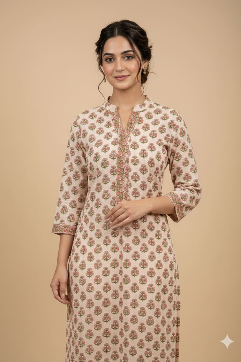 Purvi Pink Hand Block printed Cotton Suit ( Set of 3)