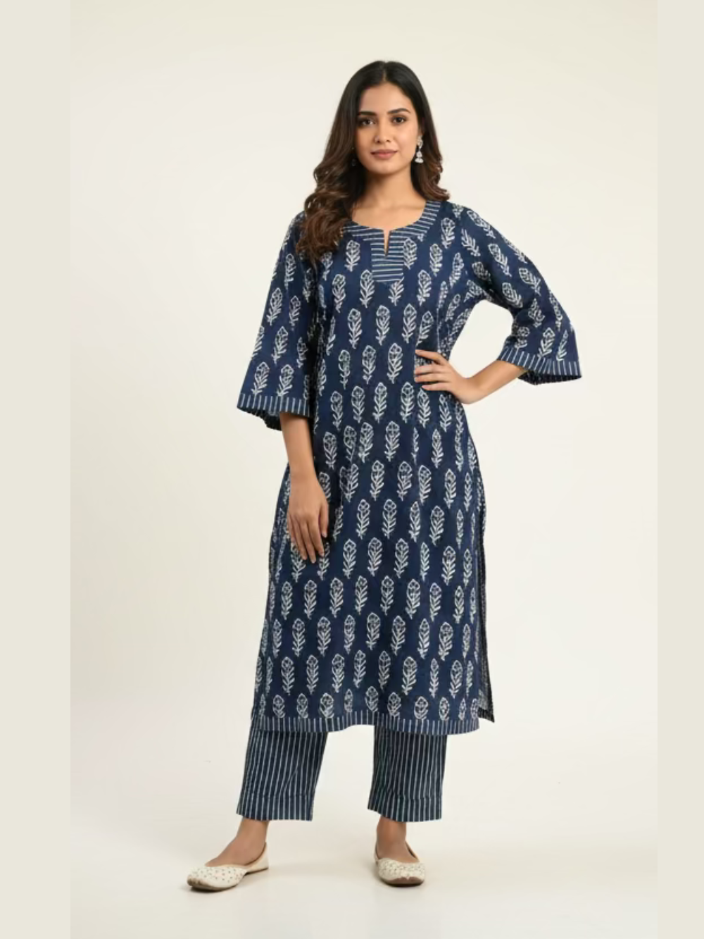 Ira Indigo Hand Block Printed Cotton Suit Set for Women 2 Piece Set Front View