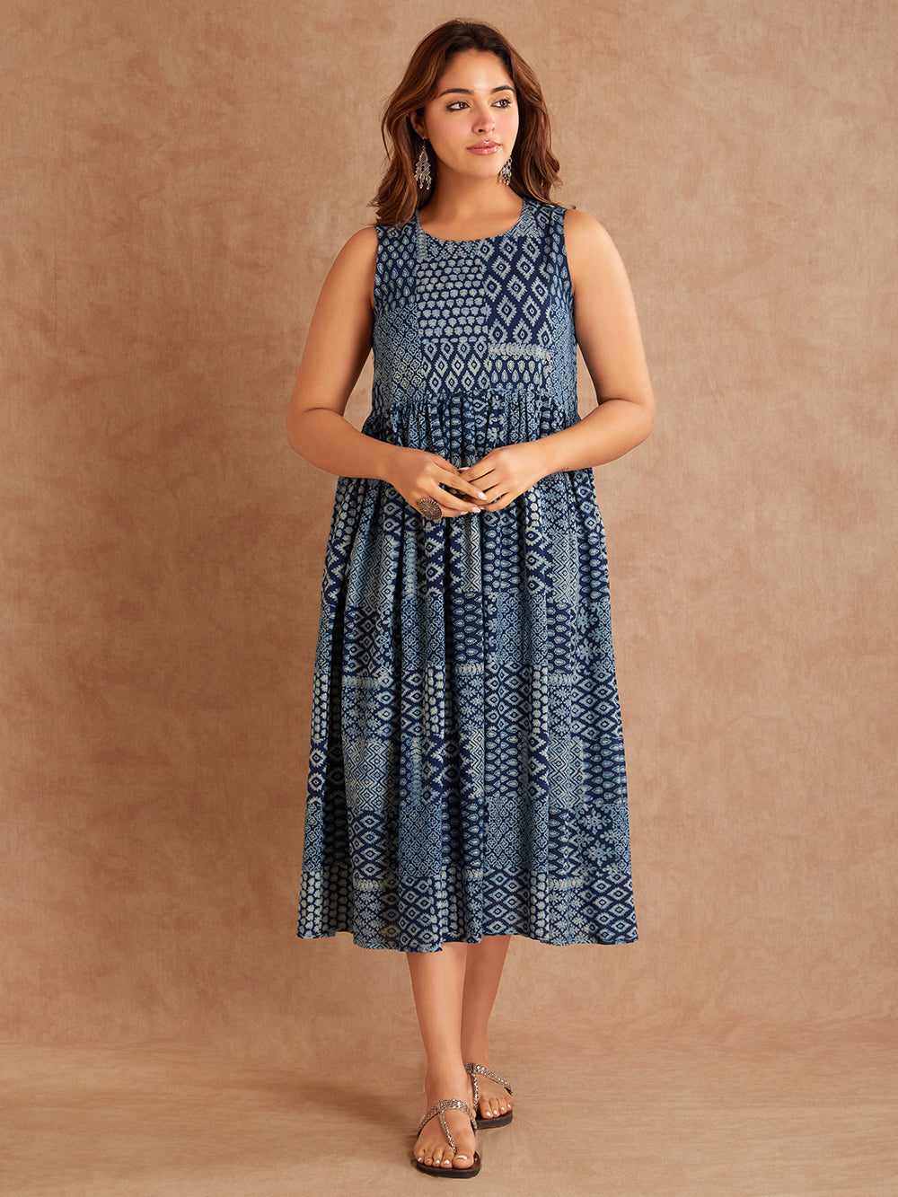 IIsha Indigo Hand Block Printed Cotton Dress- Front View