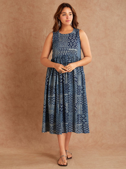 IIsha Indigo Hand Block Printed Cotton Dress- Front View