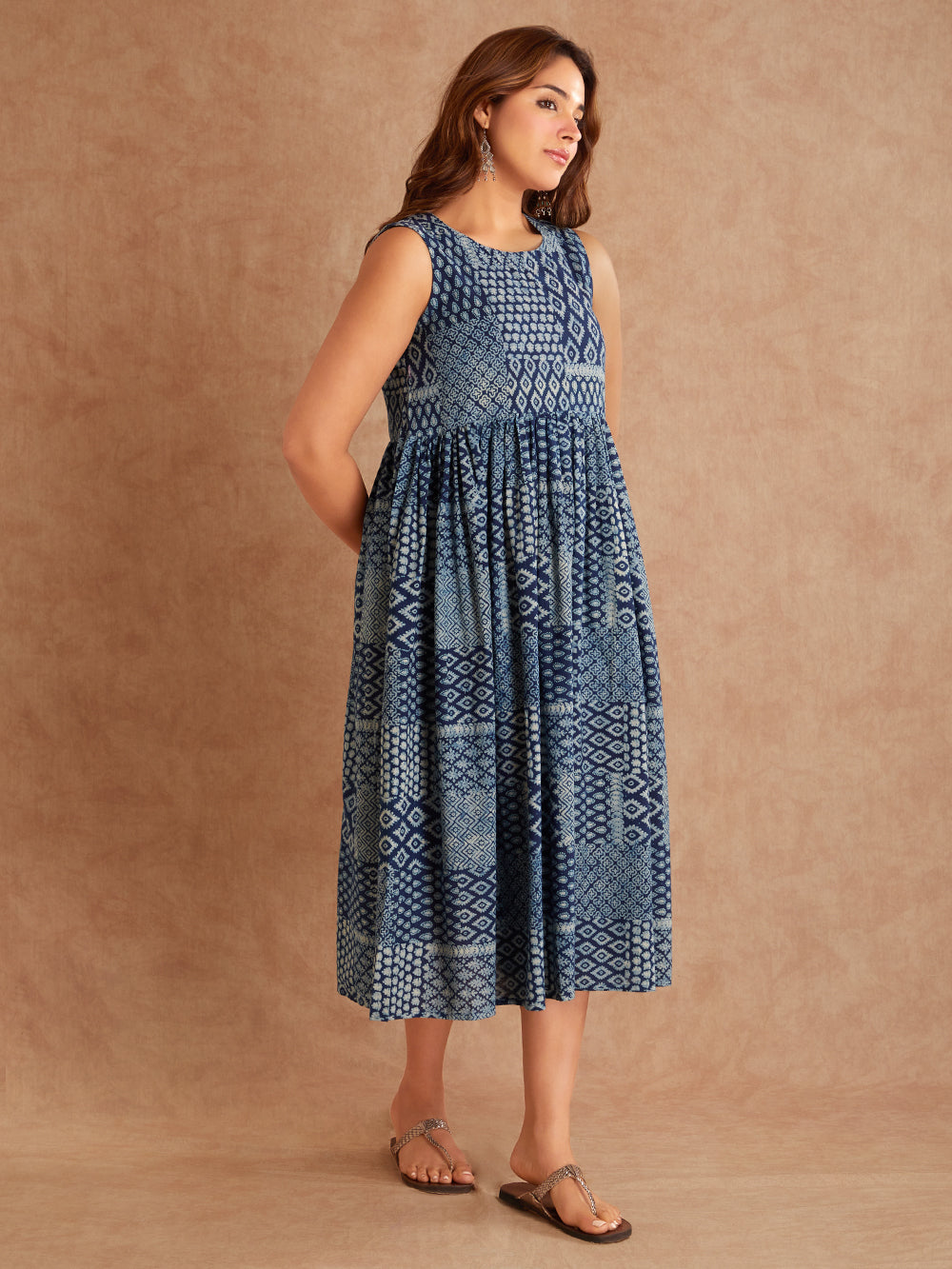Isha Indigo Hand Block Printed Cotton Dress-Left view