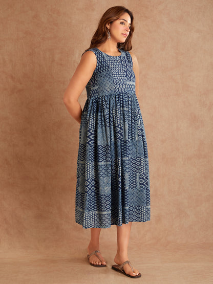 Isha Indigo Hand Block Printed Cotton Dress-Left view