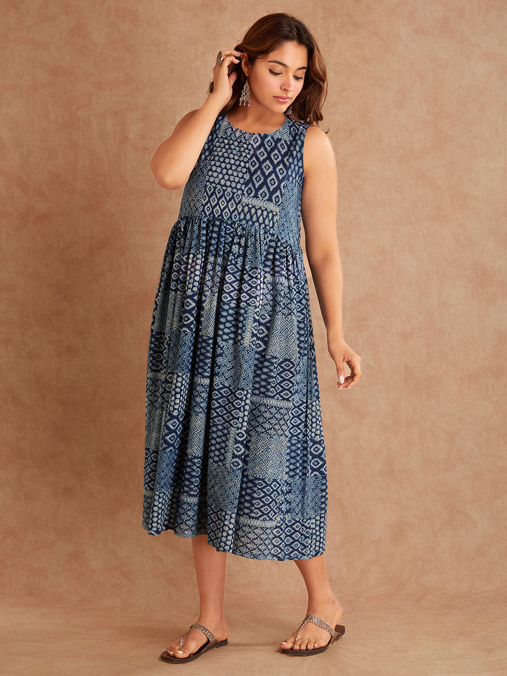 Isha Indigo Hand Block Printed Cotton Dress- Side View