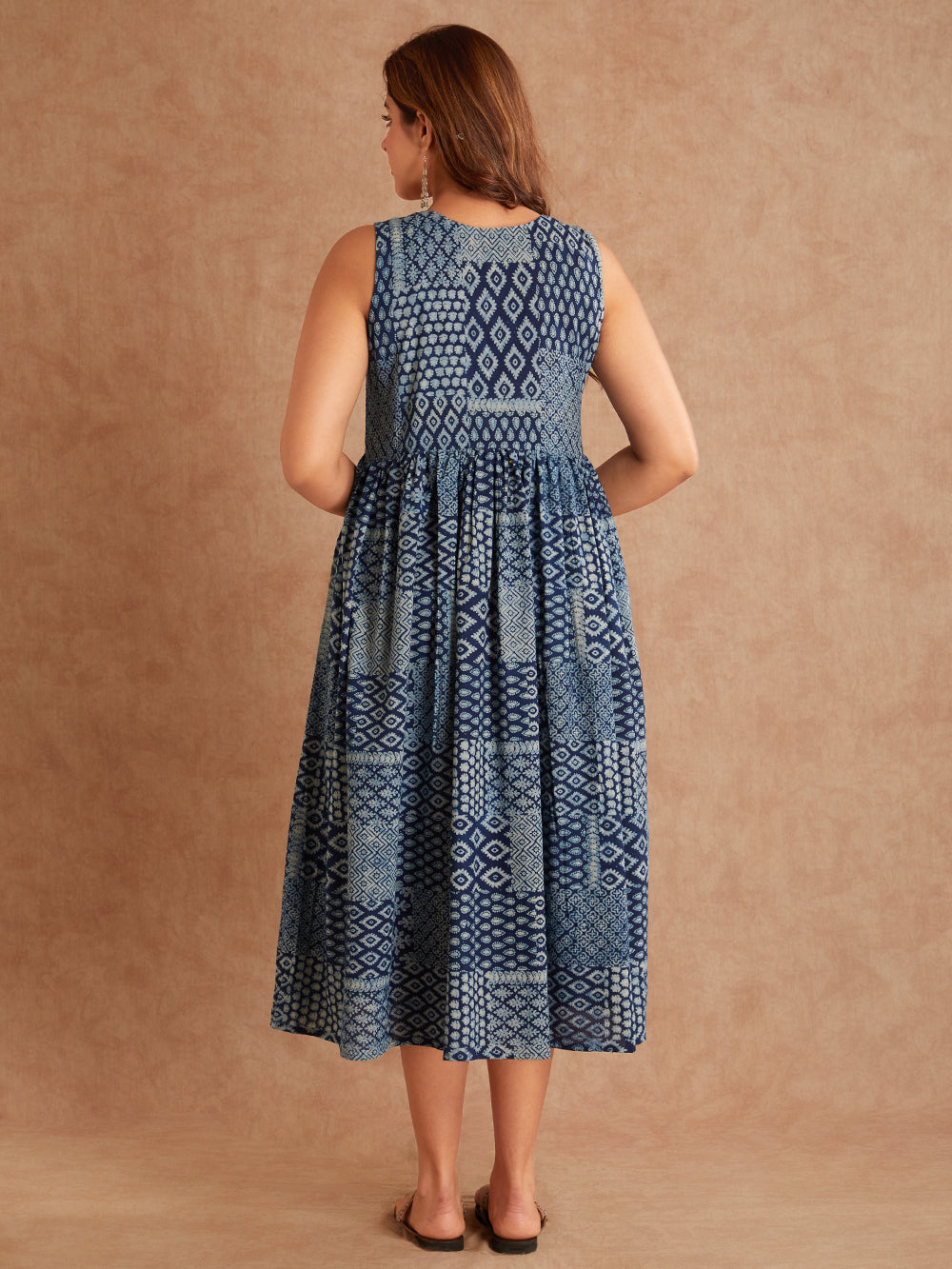 Isha Indigo Hand Block Printed Cotton Dress- back View