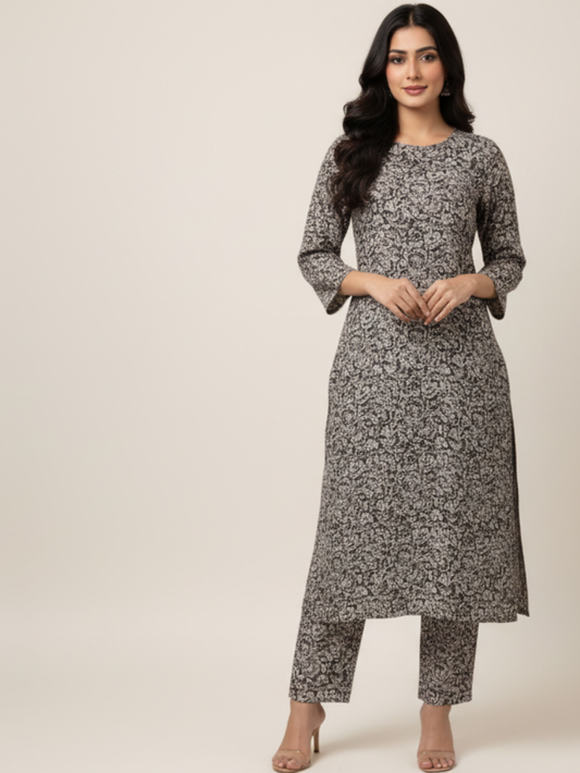 Noor Kalamkari Cotton Suit Set (2 Piece)- Black & Off-White