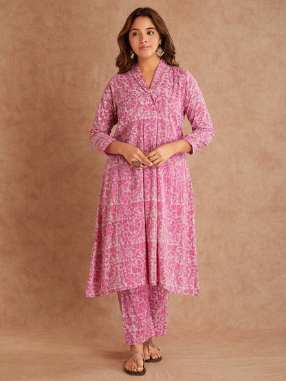Payal Hand Block Printed Barbie Pink Suit Set( 2 piece)- Front View