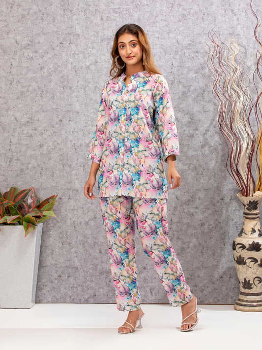 Front view of Pink Printed Muslin Co-Ords – showing coordinated top and bottom in breezy silhouette| Meeta's
