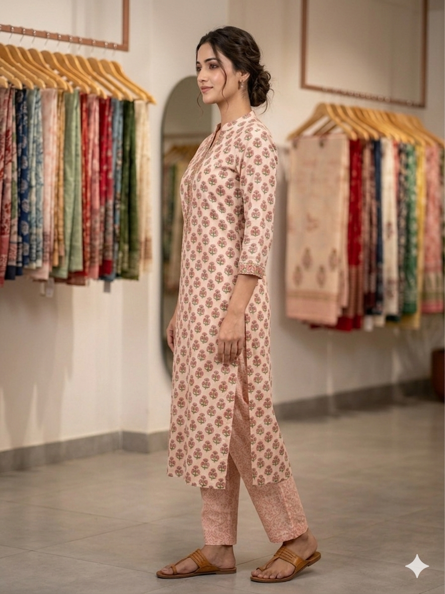 Left side view of Purvi pink hand block printed cotton suit set of 3 by Meeta's