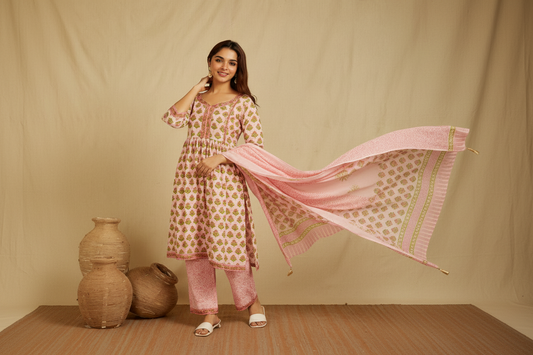 Hand Block Printed Cotton Suit Set- Baby Pink Floral ( 3 piece )