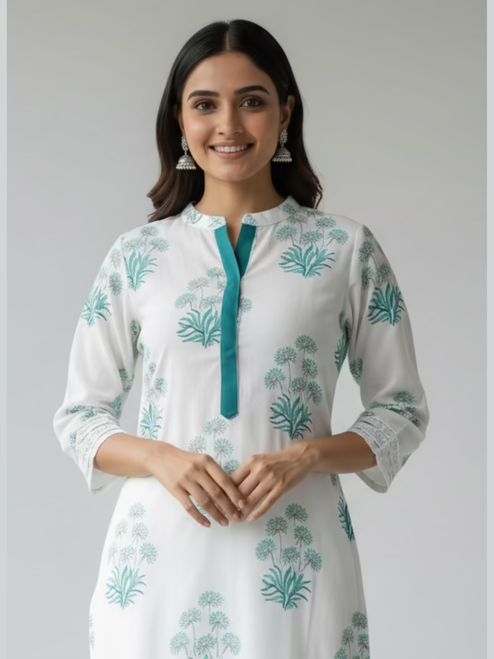 Hand Block Printed Cotton Suit Set -  white Floral ( 2 Piece )
