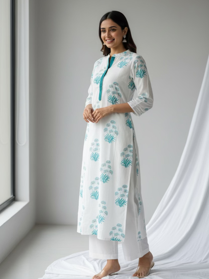 Hand Block Printed Cotton Suit Set -  white Floral ( 2 Piece )