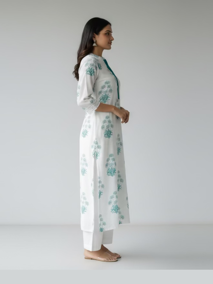 Hand Block Printed Cotton Suit Set -  white Floral ( 2 Piece )