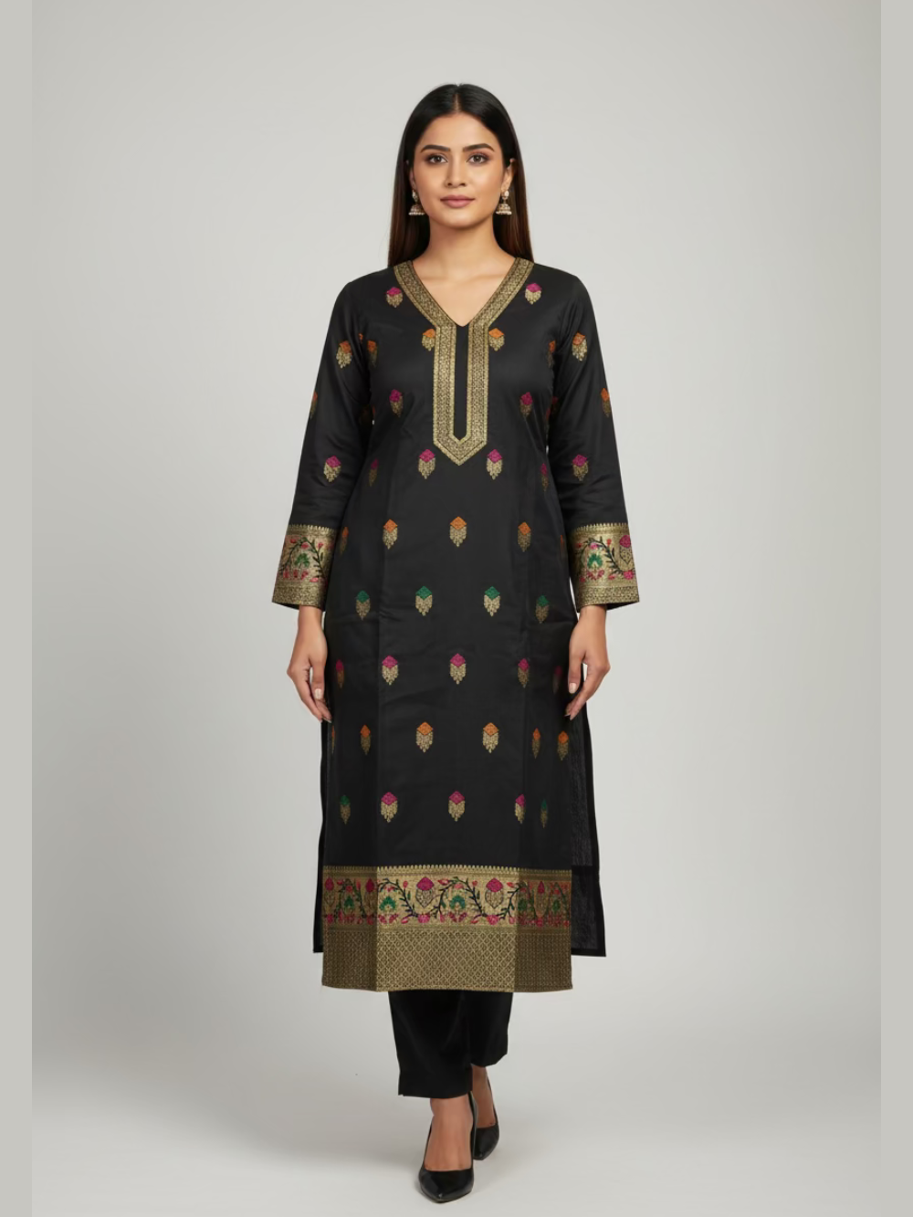 Banarasi Silk Blend Suit Set- ( 3 Piece) Black  Zari