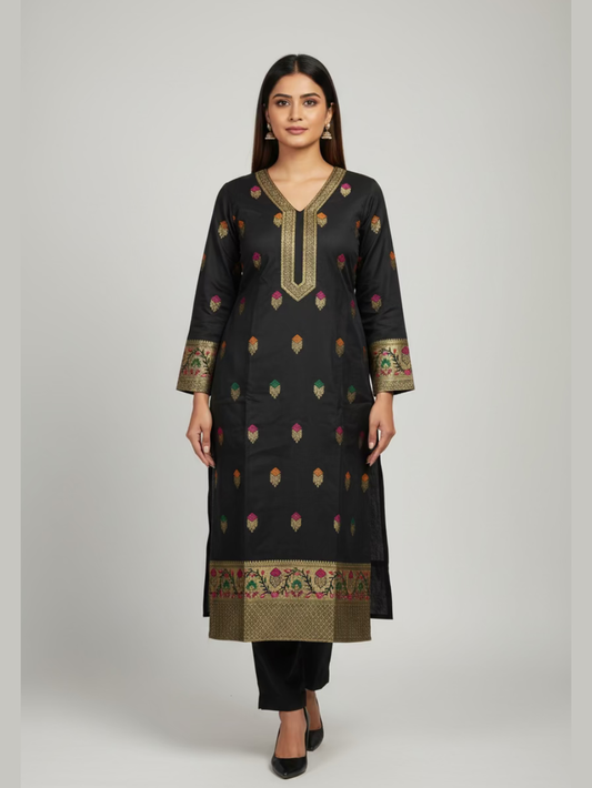 Banarasi Silk Blend Suit Set- ( 3 Piece) Black  Zari