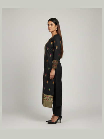 Banarasi Silk Blend Suit Set- ( 3 Piece) Black  Zari