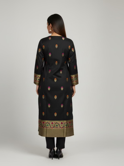 Banarasi Silk Blend Suit Set- ( 3 Piece) Black  Zari