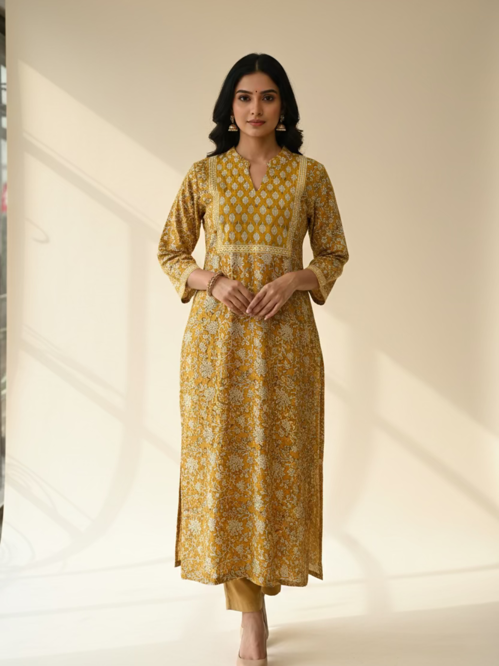 Hand block printed  Cotton kurta- Mustard Floral