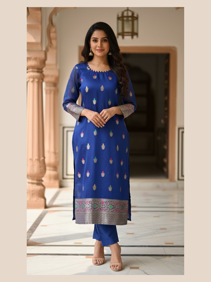 Banarasi Cotton Silk Suit Set- Royal Blue ( 3 Piece )