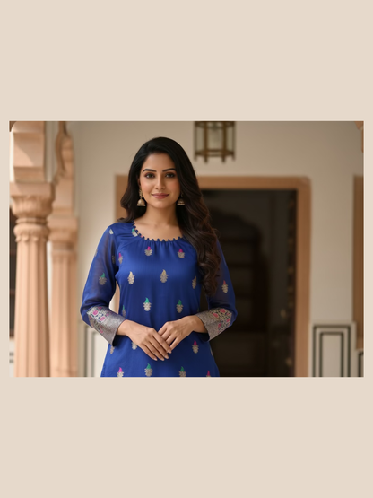 Banarasi Cotton Silk Suit Set- Royal Blue ( 3 Piece )