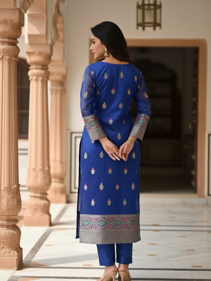 Banarasi Cotton Silk Suit Set- Royal Blue ( 3 Piece )