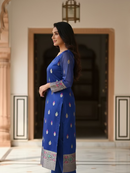 Banarasi Cotton Silk Suit Set- Royal Blue ( 3 Piece )