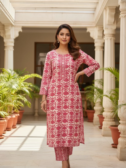 Hand Block Printed Cotton Suit  Set  - Pink Floral  ( 2 Piece )