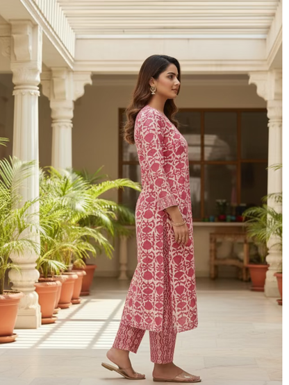 Hand Block Printed Cotton Suit  Set  - Pink Floral  ( 2 Piece )