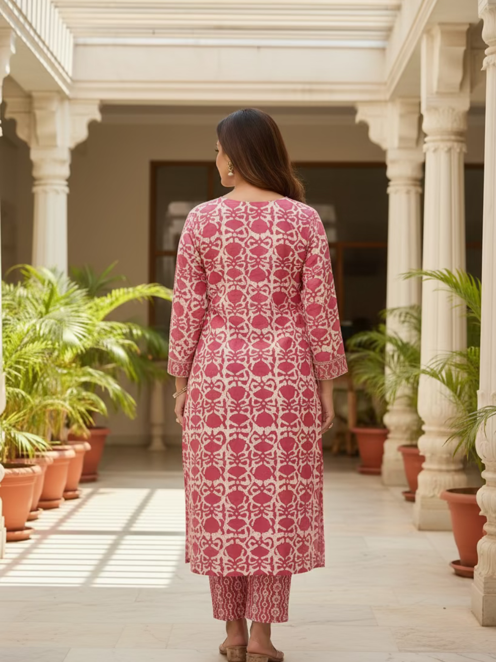 Hand Block Printed Cotton Suit  Set  - Pink Floral  ( 2 Piece )