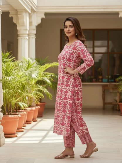 Hand Block Printed Cotton Suit  Set  - Pink Floral  ( 2 Piece )