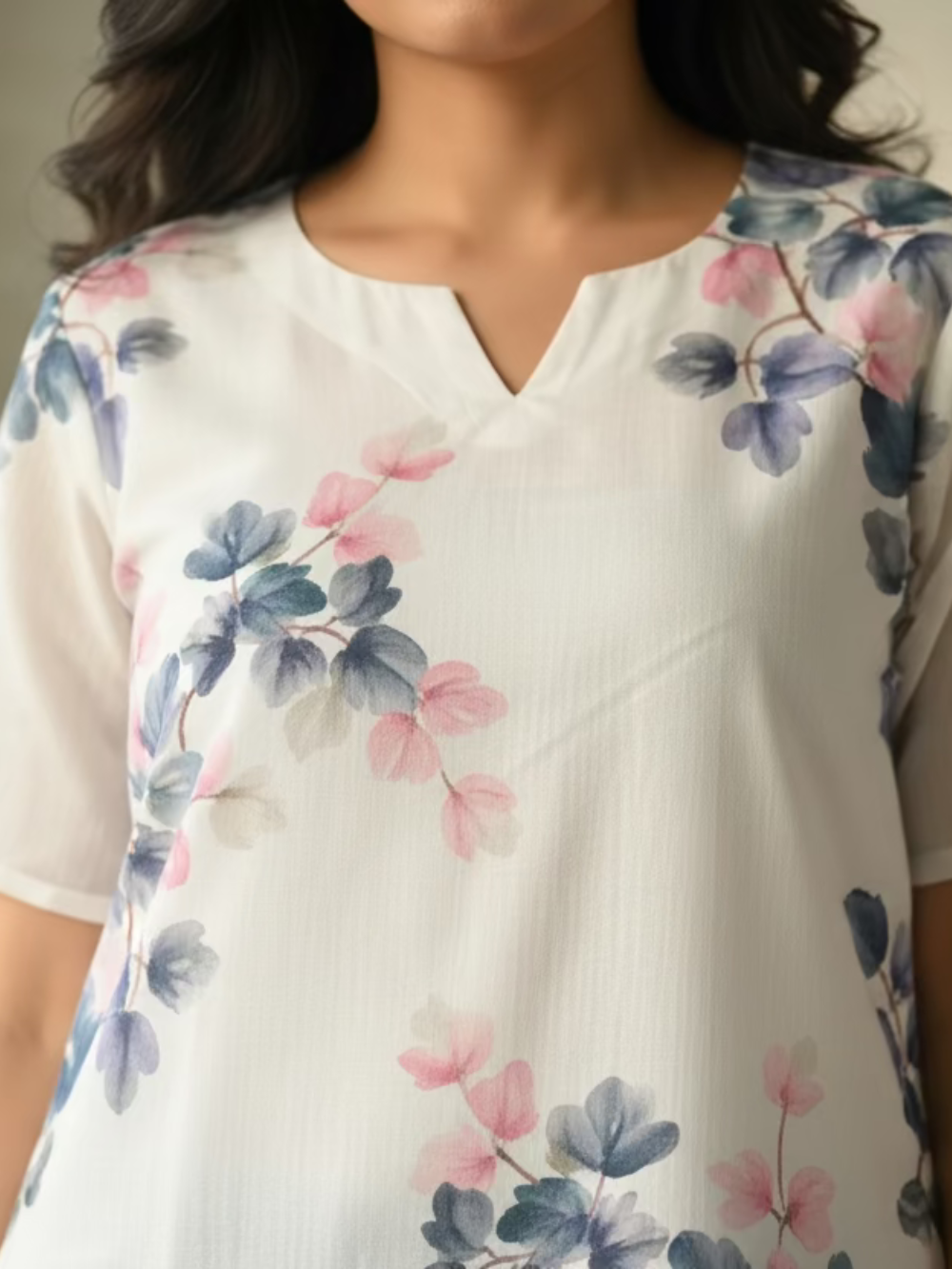 Silk Blend Short Kurti - Ivory Floral